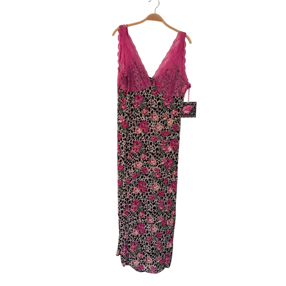 Luv Betsey by Betsey Johnson Pink Lace Leopard Floral Chemise Nightgown Large